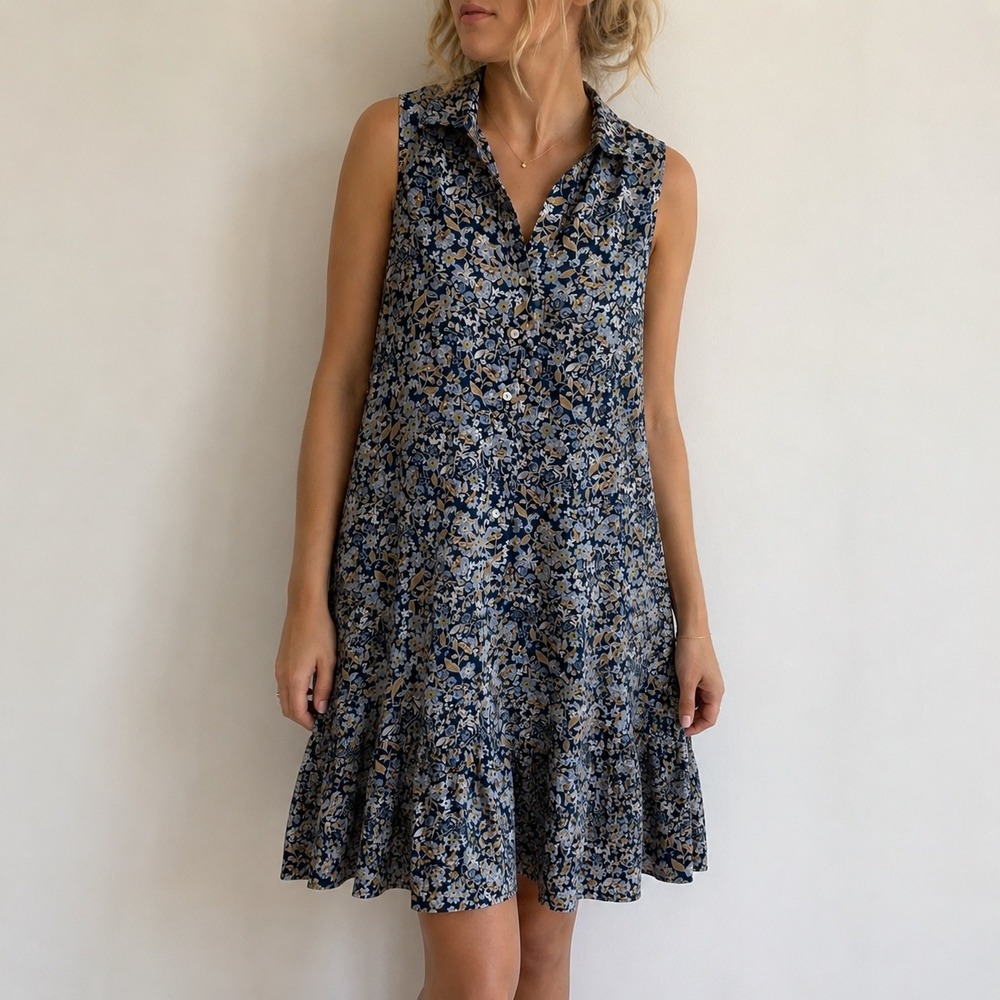 J. Jill Blue Floral Sleeveless Shift Dress Pockets Small Cottagecore Boho